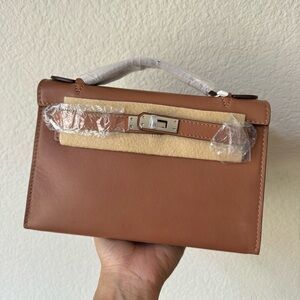 LEATHER INSIDE & OUT | Gold Brown Smooth Mini 22 KL Pochette Belted Clutch Bag